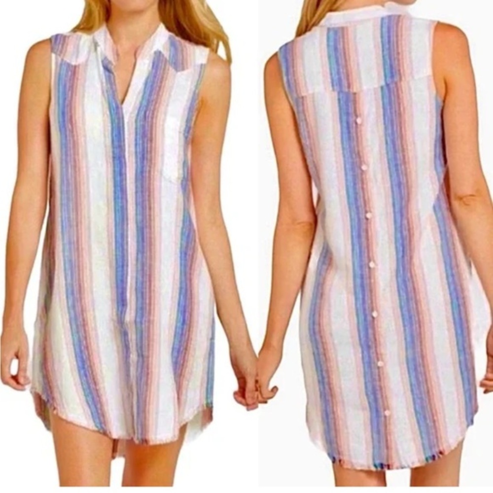 Cloth & Stone Striped Linen Dress Shift Button Down Dress Pink White Grey Large
